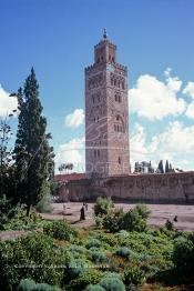 Image du Maroc Professionnelle de  L'ancien minaret de la Koutoubia, érigé en pierre de taille, son édification fut décidée en 1158 par le sultan Almohade Abdel Moumen aussitôt après sa conquête de Marrakech. Devenu l'emblème de la ville touristique du Maroc, ce vieux minaret nécessite une restauration car il est incliné de quelques degré et risque de s'écrouler si rien n'est fait, photographié le Vendredi 19 Décembre 1986. (Photo / Abdeljalil Bounhar)